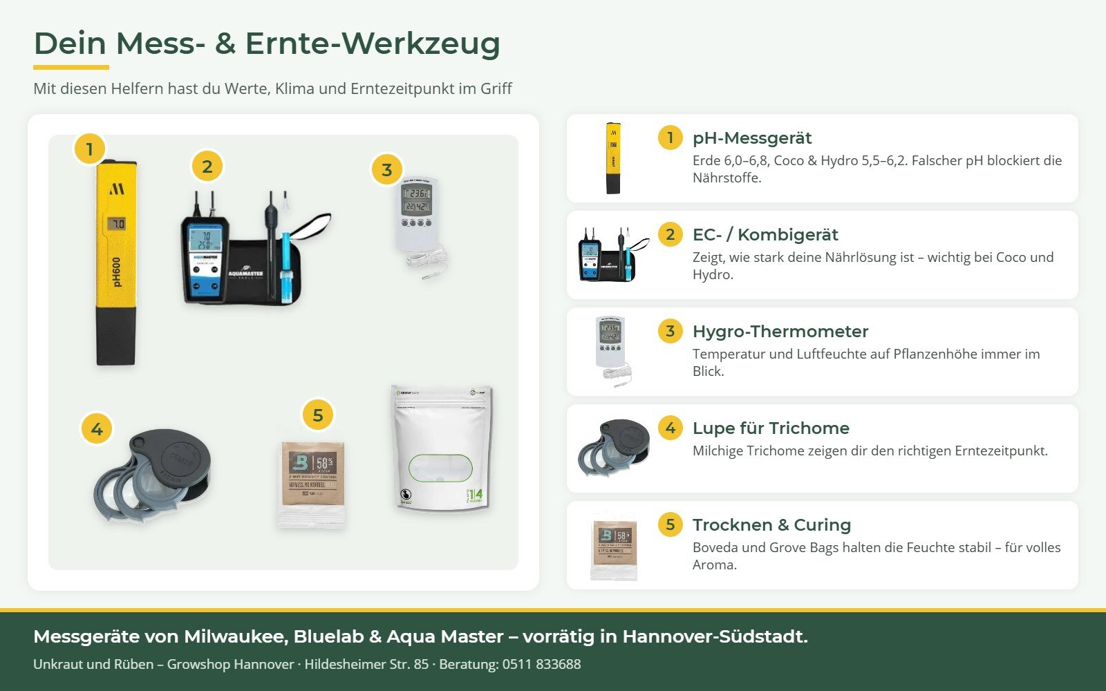 Messgeräte und Ernte-Zubehör: pH-Meter, EC-Meter, Hygro-Thermometer, Lupe, Boveda